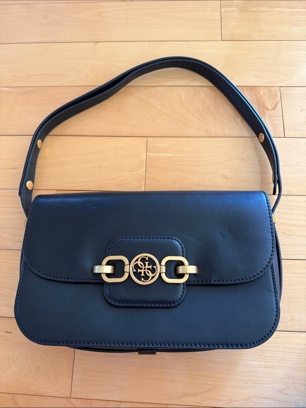 Guess Black Shoulder Bag with Gold Logo Hardware